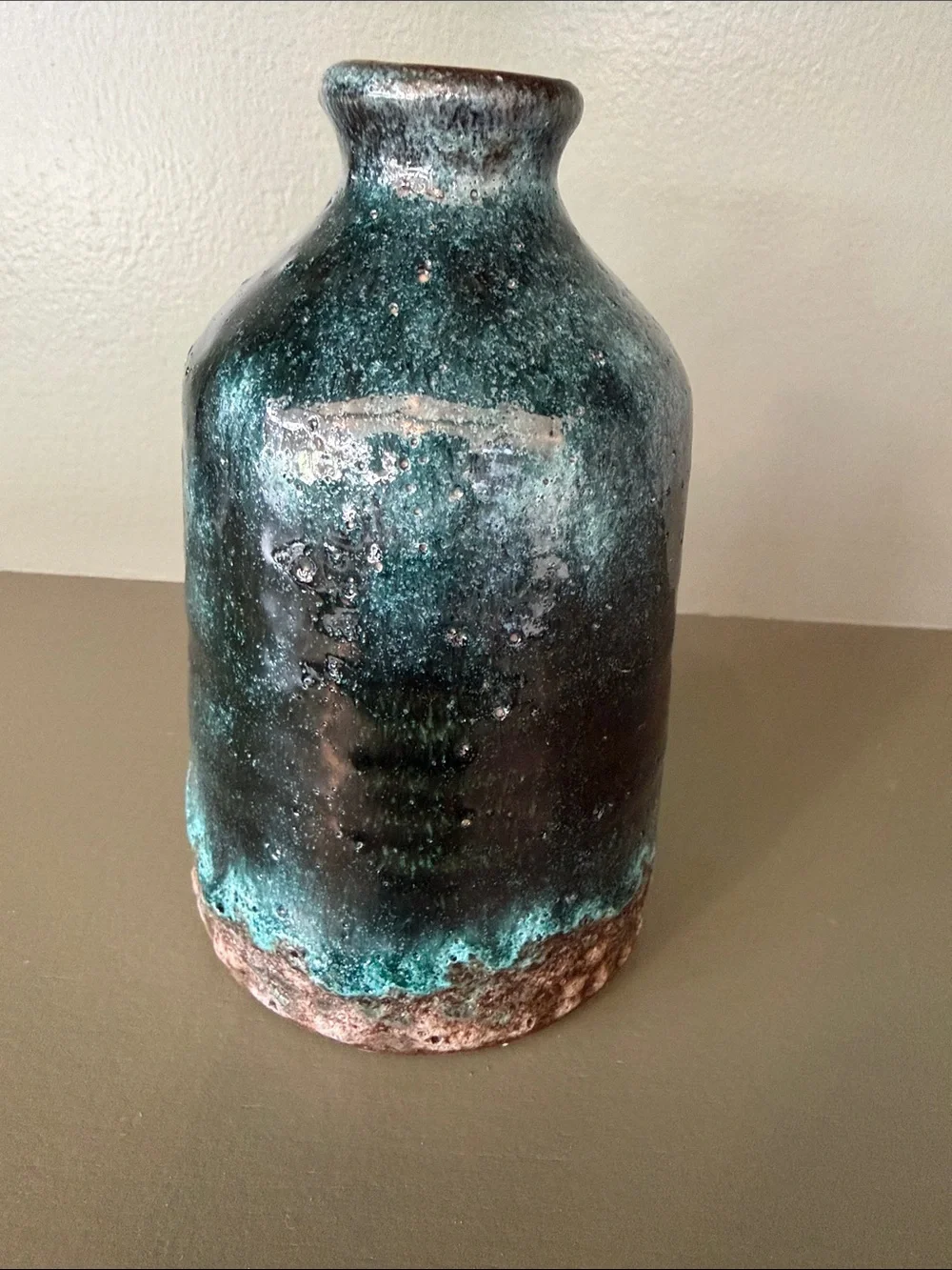 Blue-Green Stoneware Vase with Brown Rim